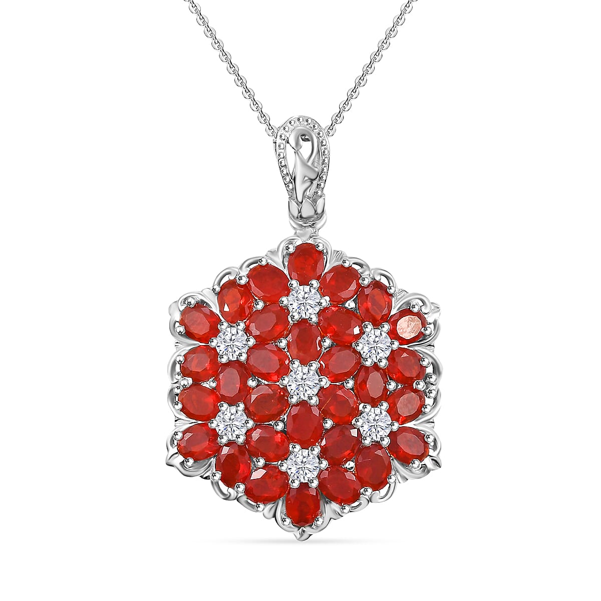 Mexican Cherry Fire Opal and Moissanite 4.10 ctw Bunch of Flowers Pendant Necklace in Rhodium Over Sterling Silver 20 Inches