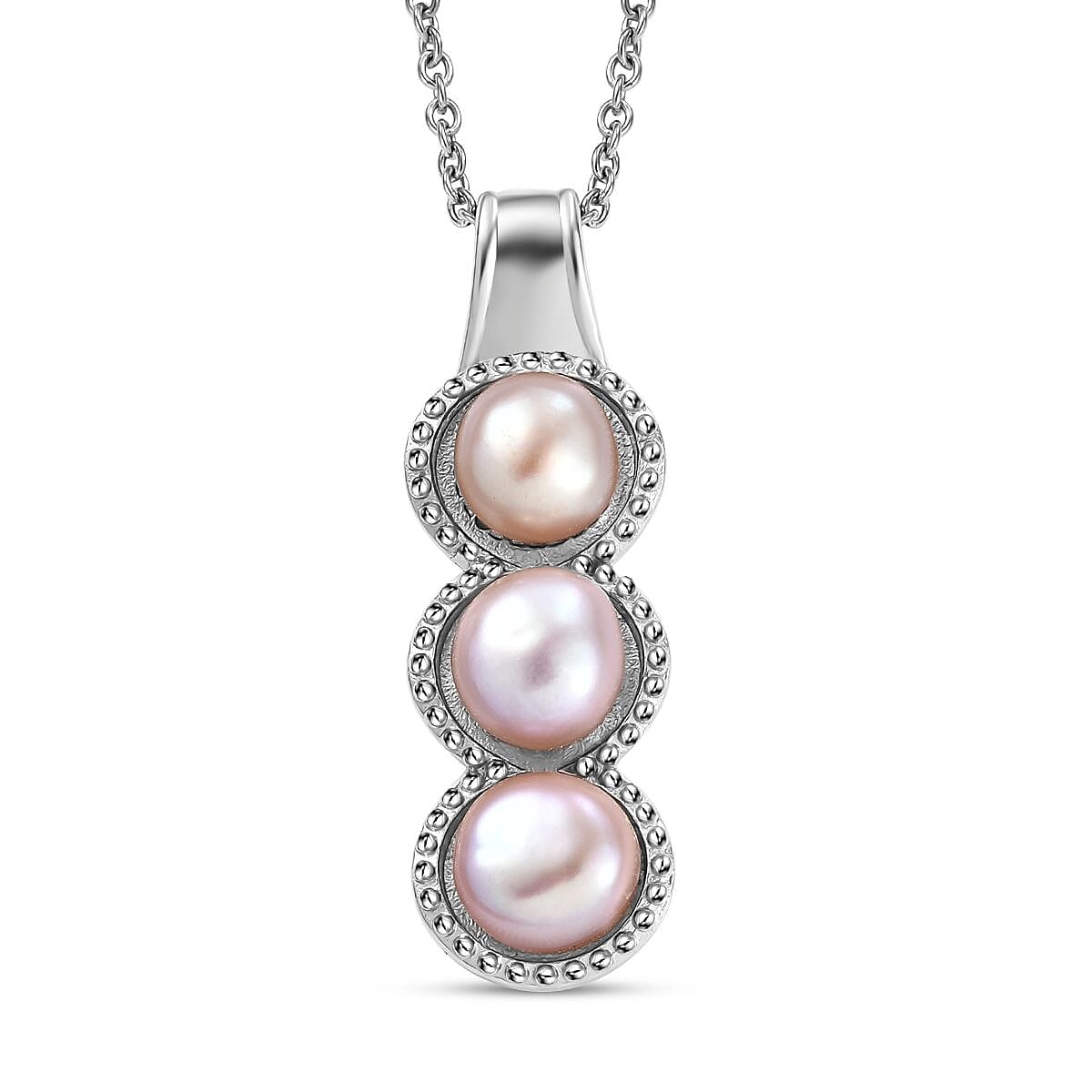 Karis Pink Fresh Water Pearl 3 Stone Pendant in Platinum Bond with Stainless Steel Necklace 20 Inches