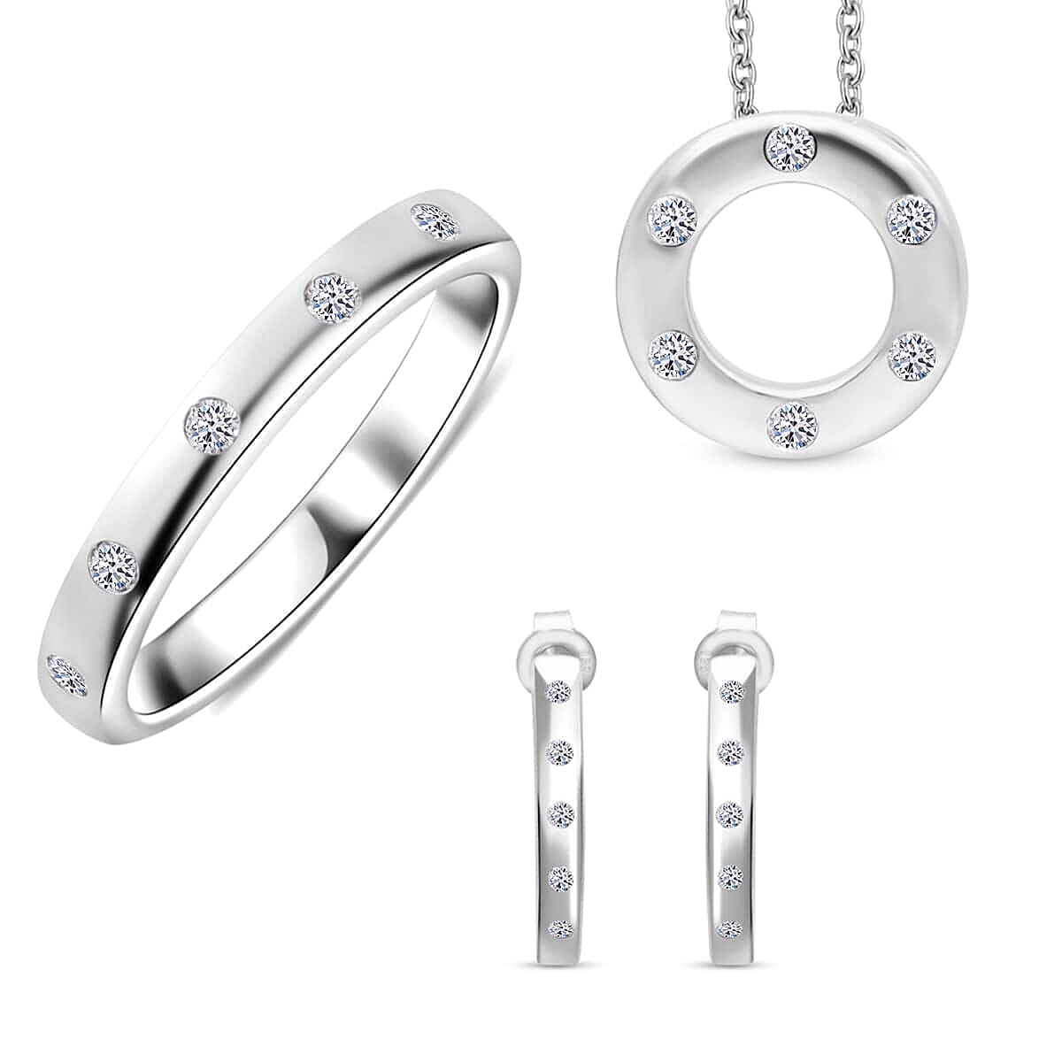 Luxuriant Lab Grown Diamond (G-H, SI) Hoop Earrings, Band Ring (Size 6) and Circle Pendant Necklace (18 Inches) in Platinum Over Sterling Silver (Del. in 5-7 Days) 0.50 ctw