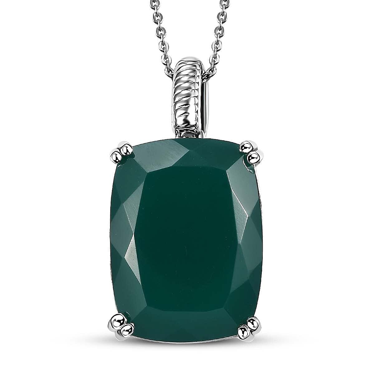 Doorbuster Green Onyx Solitaire Pendant Necklace (20 Inches) in Rhodium Over Sterling Silver 15.00 ctw