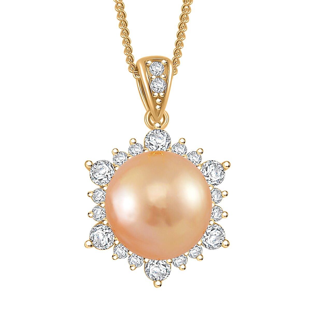 South Sea Golden Cultured Pearl and Moissanite 0.60 ctw Sunlit Elegance Pendant Necklace in 18K Vermeil Yellow Gold Over Sterling Silver 20 Inches
