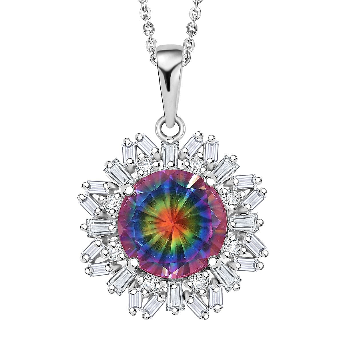 Nebula Quartz Doublet and Moissanite 3.80 ctw Sunburst Pendant Necklace in Rhodium Over Sterling Silver 20 Inches