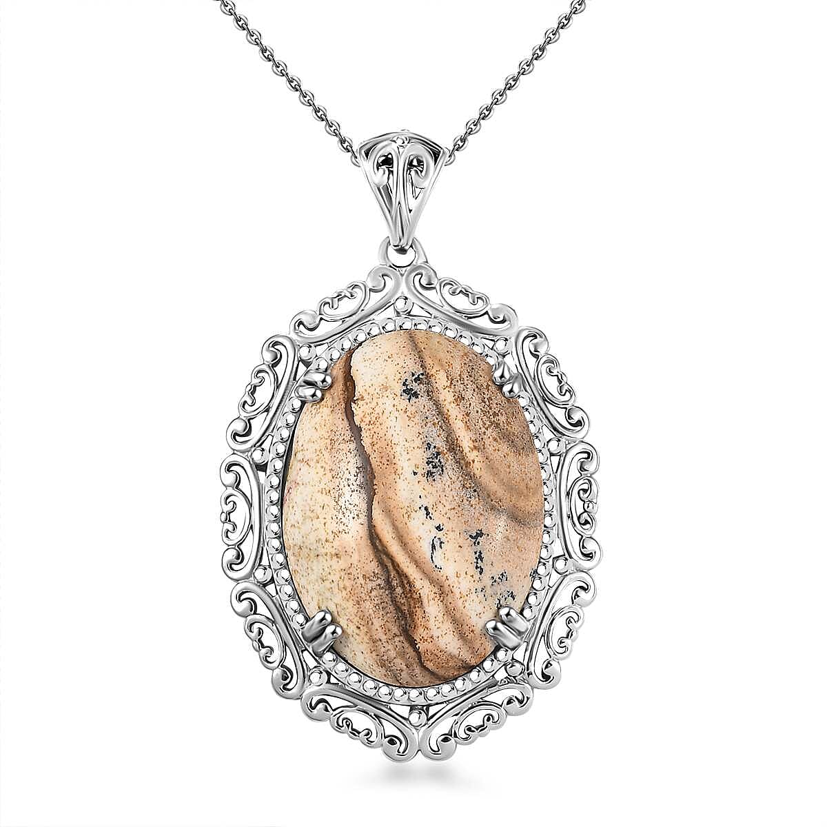 Picture Jasper Pendant Necklace (20 Inches) in Stainless Steel 34.00 ctw