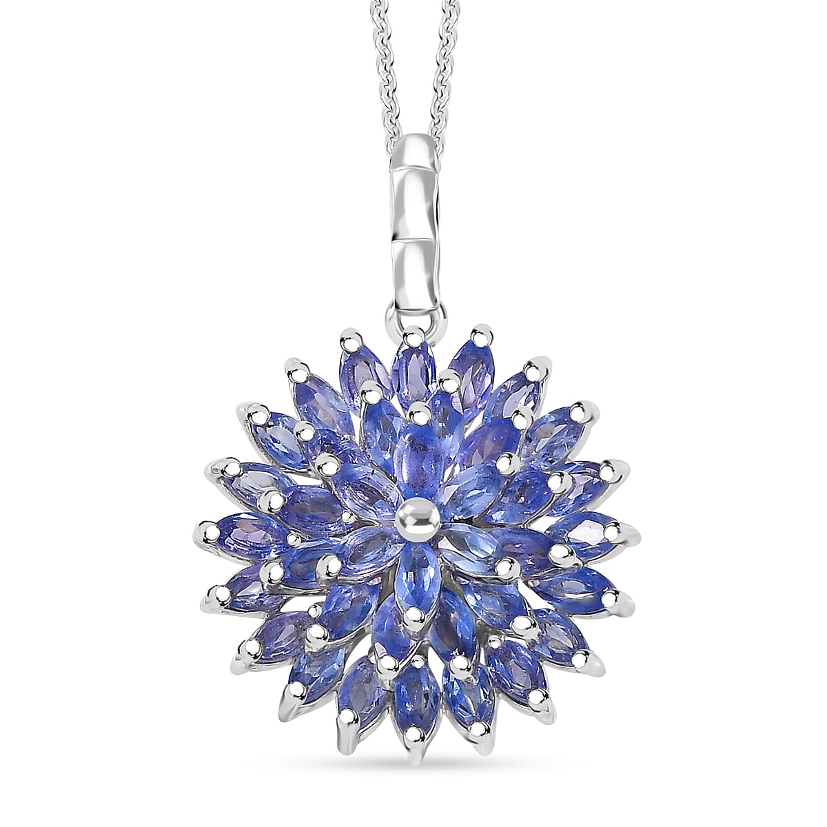 Tanzanite 3.25 ctw Pagoda Bloom Pendant Necklace 20 Inches in Rhodium Over Sterling Silver