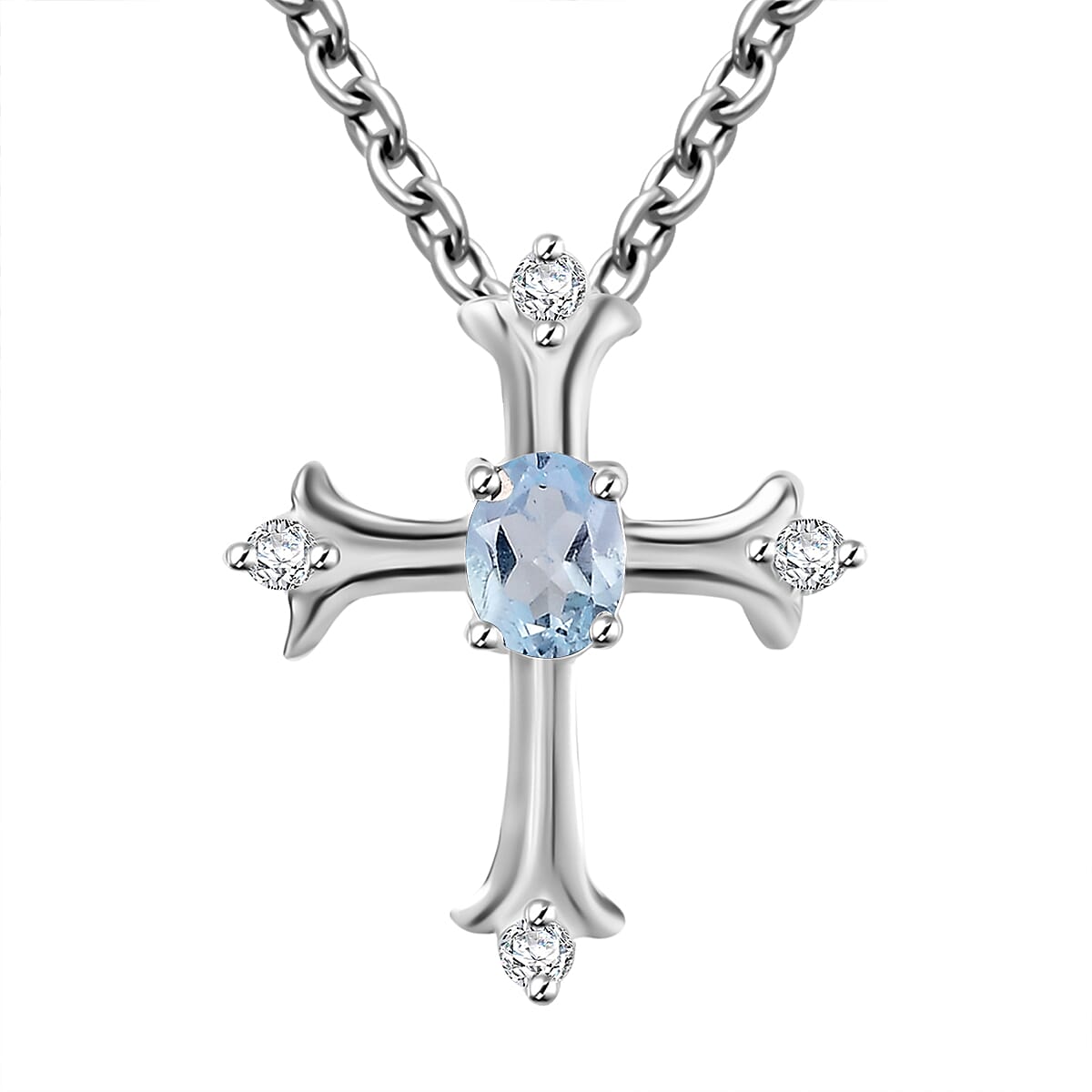 African Amethyst and White Zircon Cross 0.50 ctw Pendant in Sterling Silver with Stainless Steel Chain 20 Inches