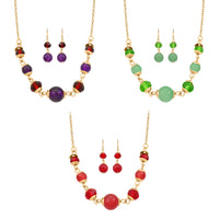 Set of 3 Mozambique Garnet, Amethyst, Jade 42.00 ctw and Multi Color Crystal Necklace 18 Inches and Earrings in Goldtone