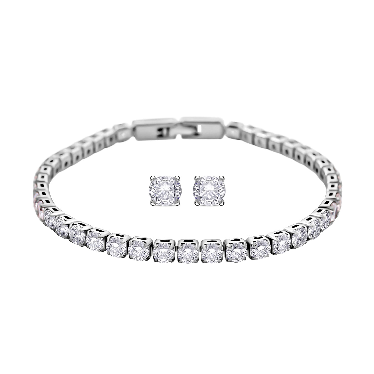 Ankur Treasure Chest Simulated Diamond Bracelet (7.00 In) and Earrings in Silvertone
