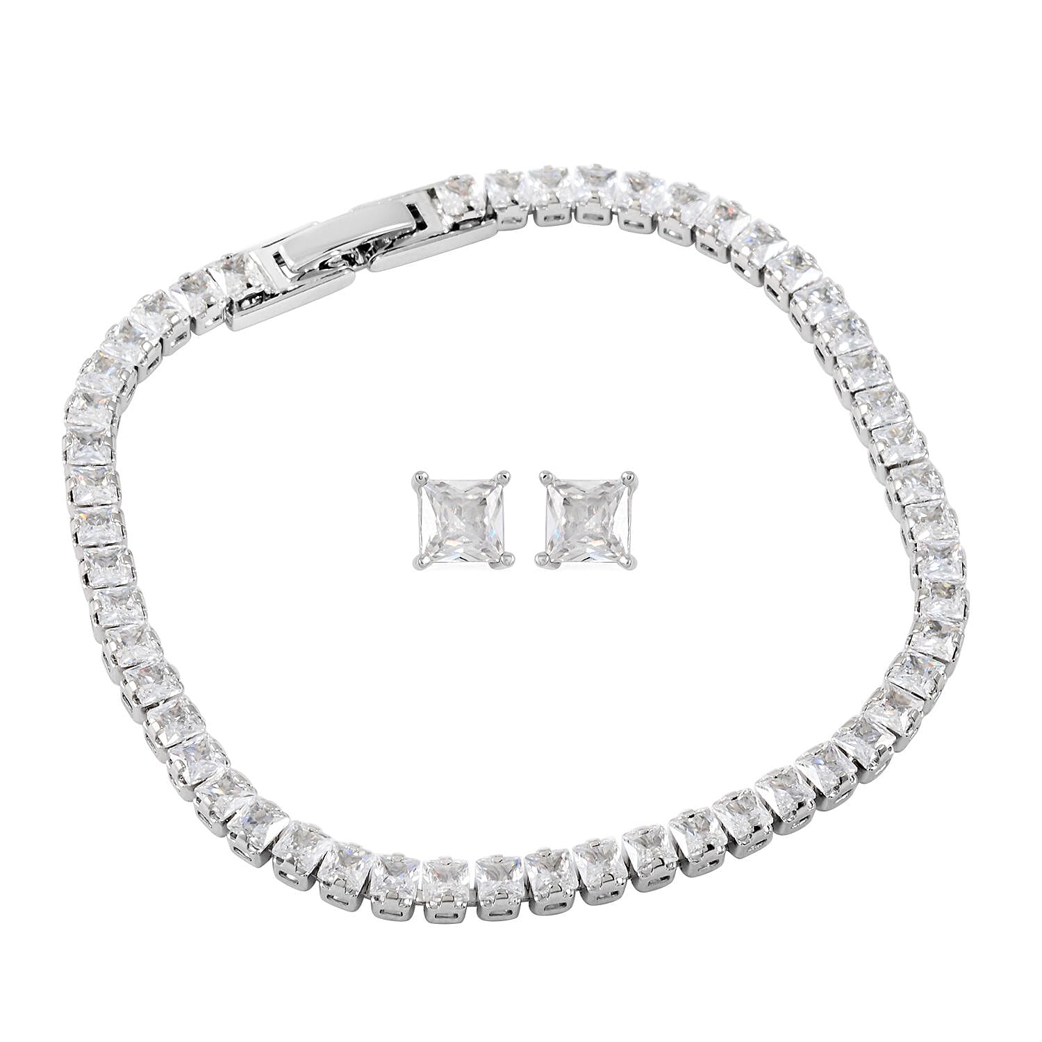 Ankur Treasure Chest Set of Simulated Diamond Bracelet (7.00 In) and Earrings in Silvertone