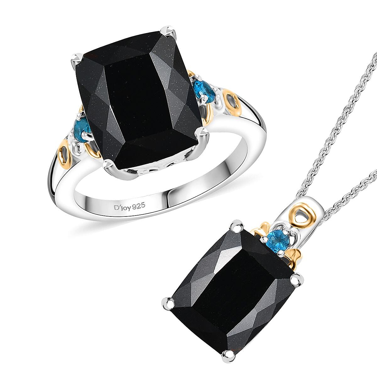 California Black Jade, Neon Apatite Ring (Size 6.0) and Pendant Necklace (20 Inches) in 18K Vermeil YG and Rhodium Over Sterling Silver 13.80 ctw