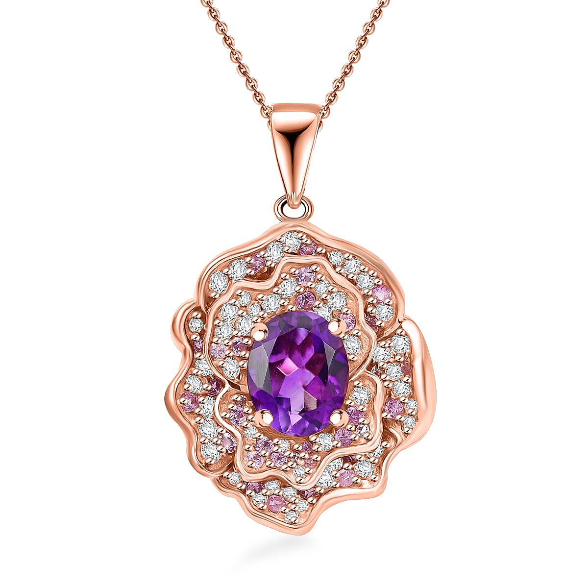 Moroccan Amethyst and Multi Gemstone 4.30 ctw Floral Pendant Necklace in 18K Vermeil Rose Gold Over Sterling Silver 20 Inches