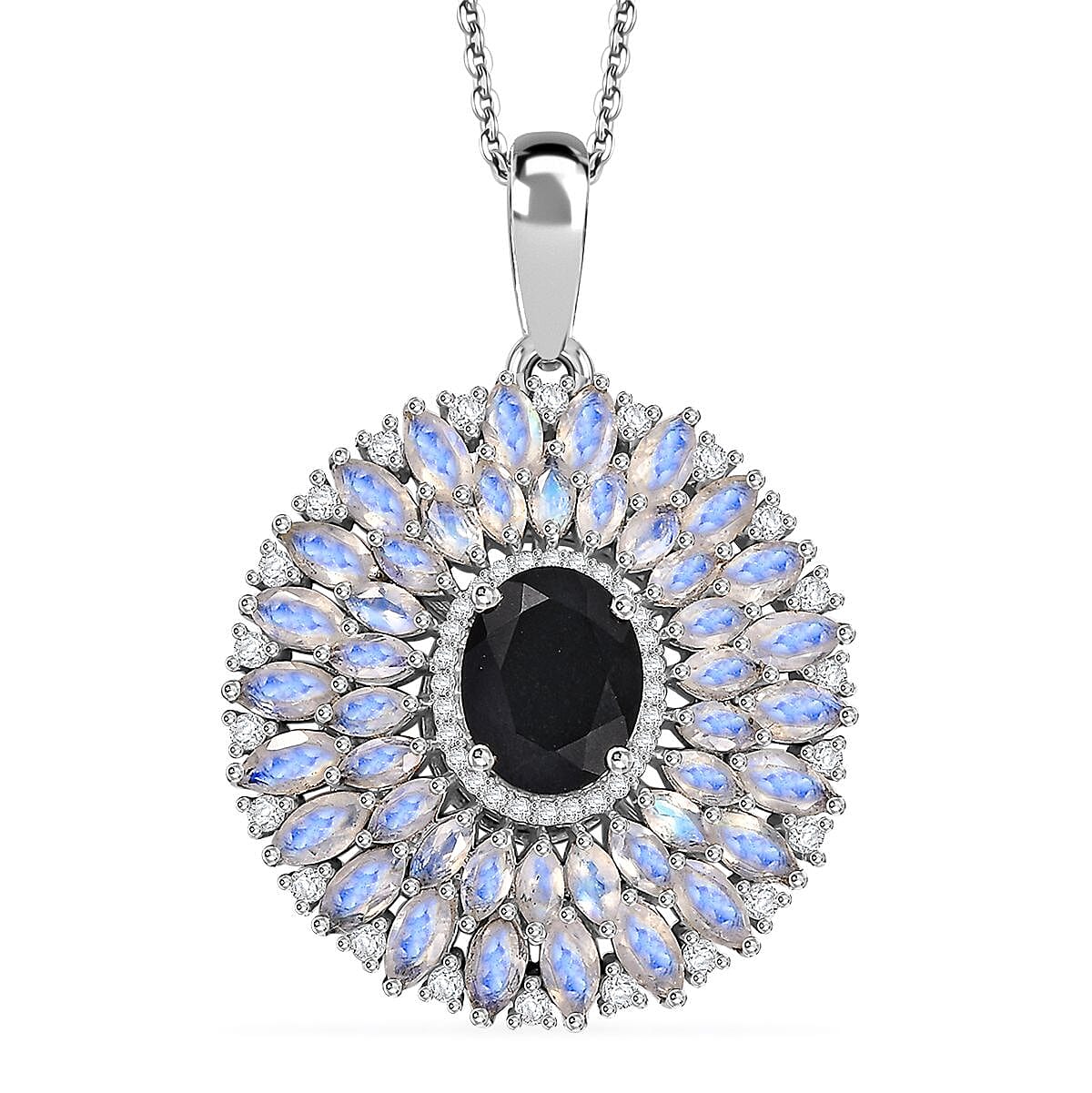 California Black Jade and Multi Gemstone 8.25 ctw Dahlia Bloom Pendant Necklace in Rhodium Over Sterling Silver 20 Inches