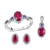 Niassa Ruby (FF), Tanzanite Ring (Size 7.00), Stud Earrings and Pendant in Rhodium Over Sterling Silver 3.75 ctw