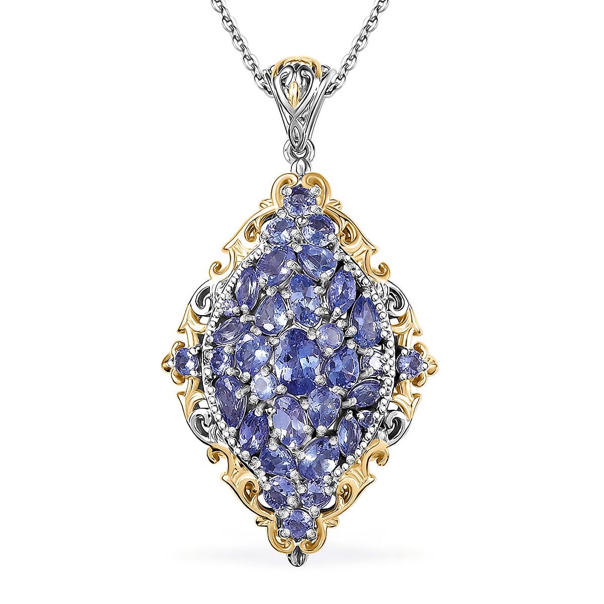 Tanzanite 4.10 ctw Pendant Necklace in 18K Vermeil YG and Rhodium Over Sterling Silver 20 Inches