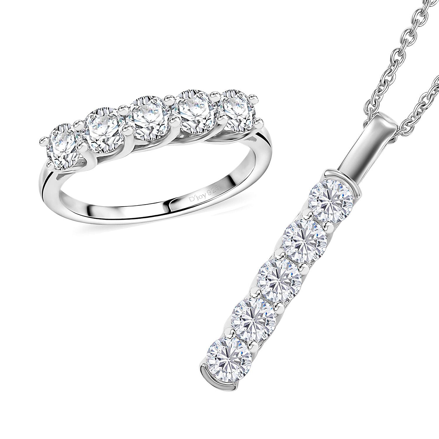 Doorbuster Moissanite 5 Stone Ring (Size 7.0) and Pendant in Rhodium Over Sterling Silver with Stainless Steel Necklace (20 Inches) 2.25 ctw