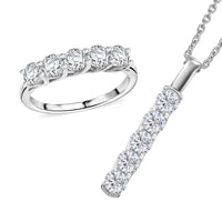 Doorbuster Moissanite 5 Stone Ring (Size 7.0) and Pendant in Rhodium Over Sterling Silver with Stainless Steel Necklace (20 Inches) 2.25 ctw