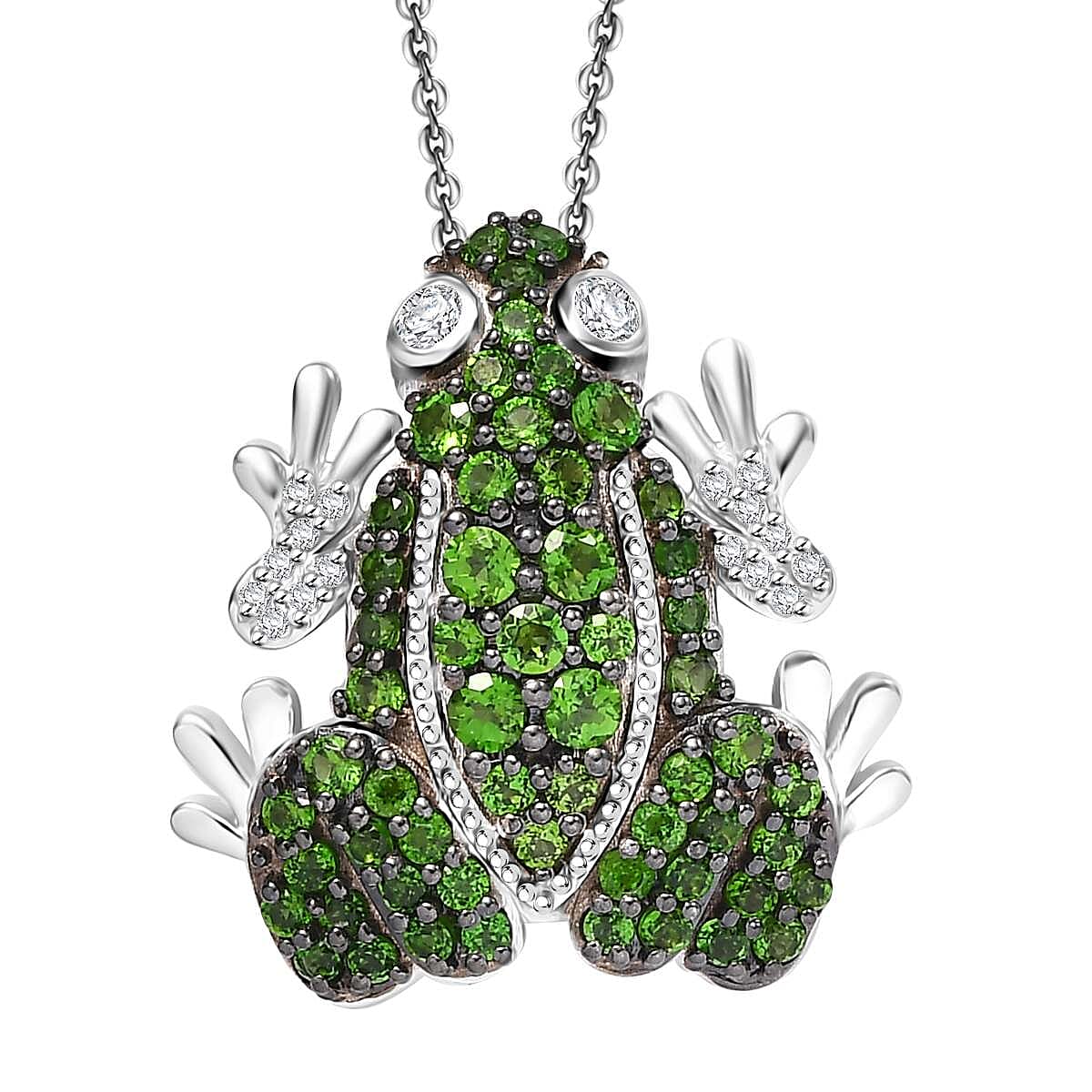 GP Trionfo Collection Chrome Diopside and White Zircon 1.75 ctw Frog Pendant Necklace in Rhodium Over Sterling Silver 20 Inches