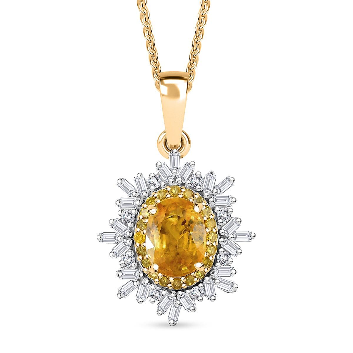 Madagascar Yellow Sapphire, White and Yellow Diamond 1.40 ctw Sunburst Pendant Necklace in 18K Vermeil Yellow Gold Over Sterling Silver 20 Inches