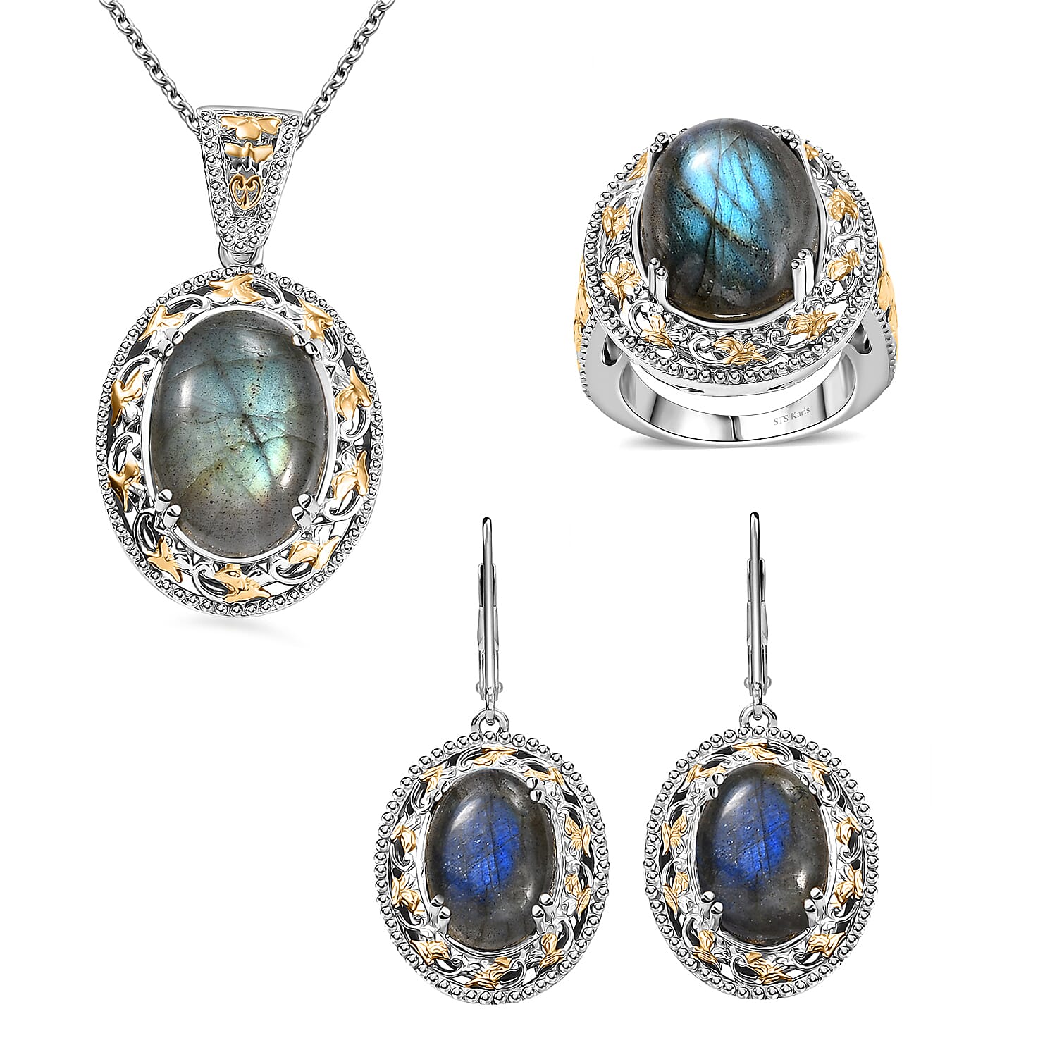 TLV Karis Malagasy Labradorite Earrings, Ring (Size 5.0) and Pendant in 18K YG Plated and Platinum Bond with Stainless Steel Necklace (20 Inches) 40.35 ctw