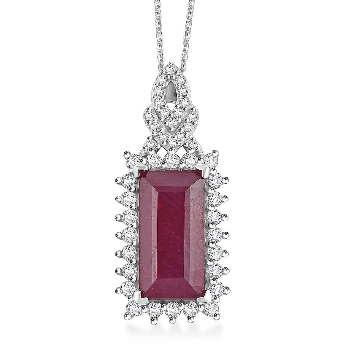 Doorbuster AAA Niassa Ruby (FF) and White Zircon 4.75 ctw Pendant Necklace in Rhodium Over Sterling Silver 20 Inches