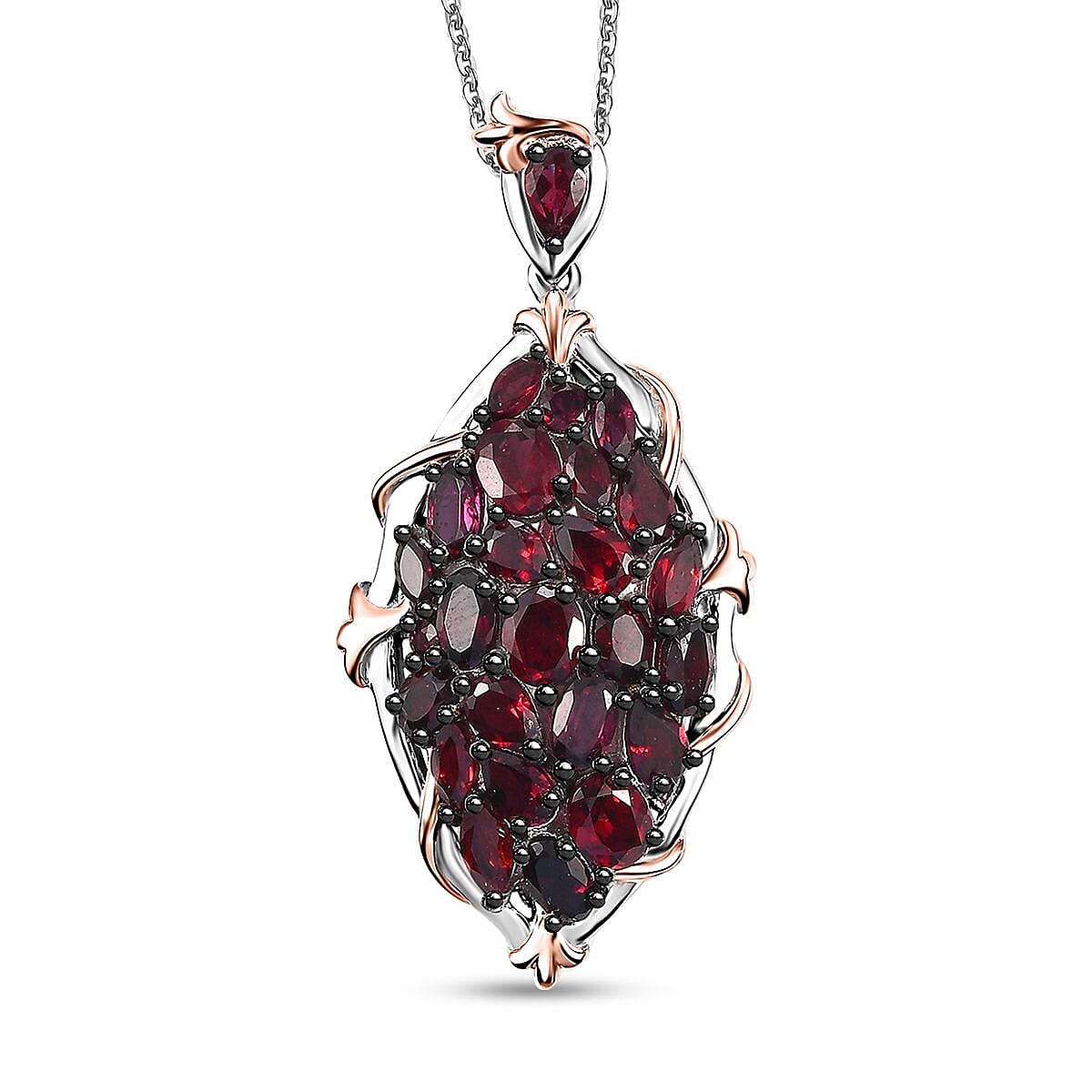 Premium Anthill Garnet 5.85 ctw Crimson Vine Flame Pendant Necklace in Vermeil RG and Rhodium Over Sterling Silver 20 Inches