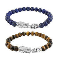 Set of 2 Lapis Lazuli and Yellow Tigers Eye 170.10 ctw Beaded Dragon Bracelet in Stainless Steel (7.50In)