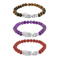 Set of 3 Red Jasper, Amethyst and Yellow Tigers Eye 212.60 ctw Beaded Dragon Bracelet in Stainless Steel (7.50In) - Sticky add to cart bar