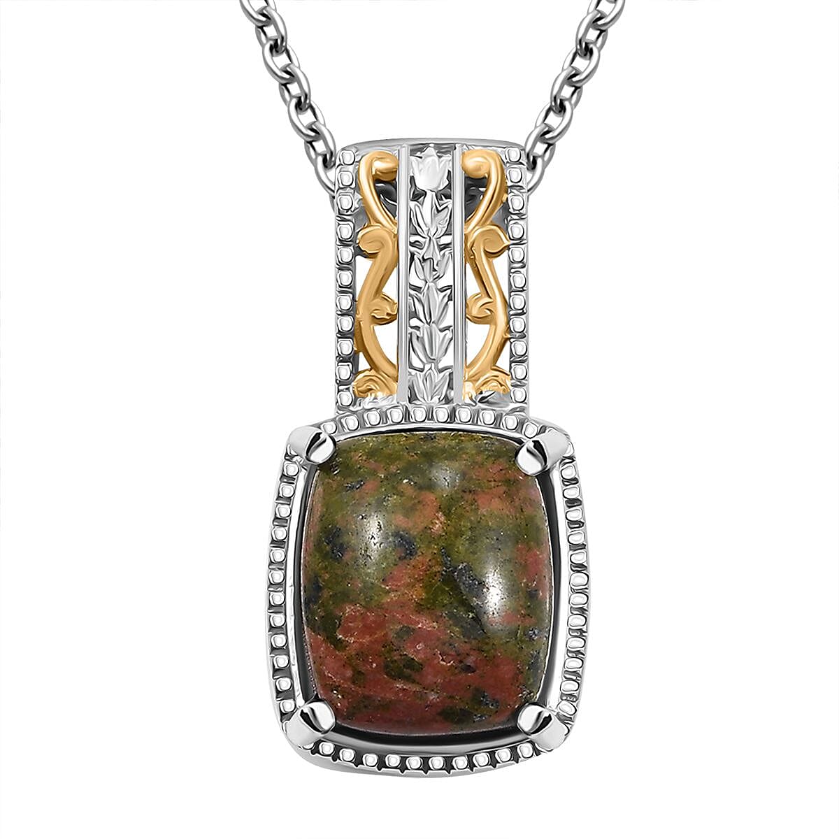 Unakite 7.25 ctw Solitaire Pendant in 14K YG Over and Platinum Over Copper with Stainless Steel Necklace 20 Inches