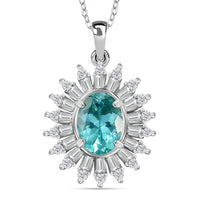 Madagascar Lagoon Apatite and Moissanite 2.00 ctw Stellar Ocean Radiance Pendant Necklace in Rhodium Over Sterling Silver 20 Inches