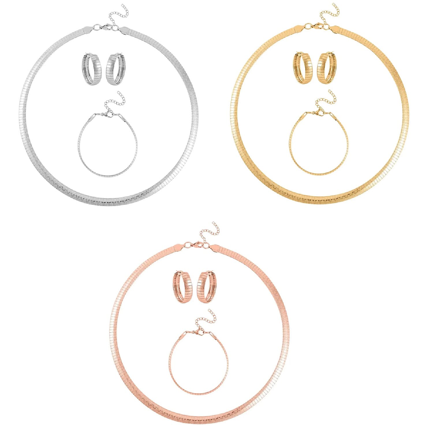Set of 3, Omega Zig-Zag Texture Chain Necklace 20-22 Inches, Bracelet (7.50-9.50In) and Earrings in ION Plated RG, YG and Stainless Steel
