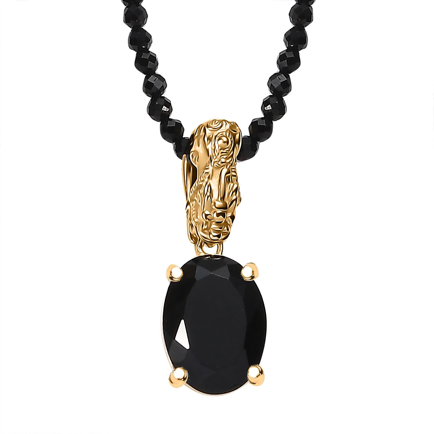 California Black Jade (Ovl) Pendant with Thai Black Spinel Beaded Necklace (20 Inches) in 18K Vermeil YG Over Sterling Silver 84.70 ctw