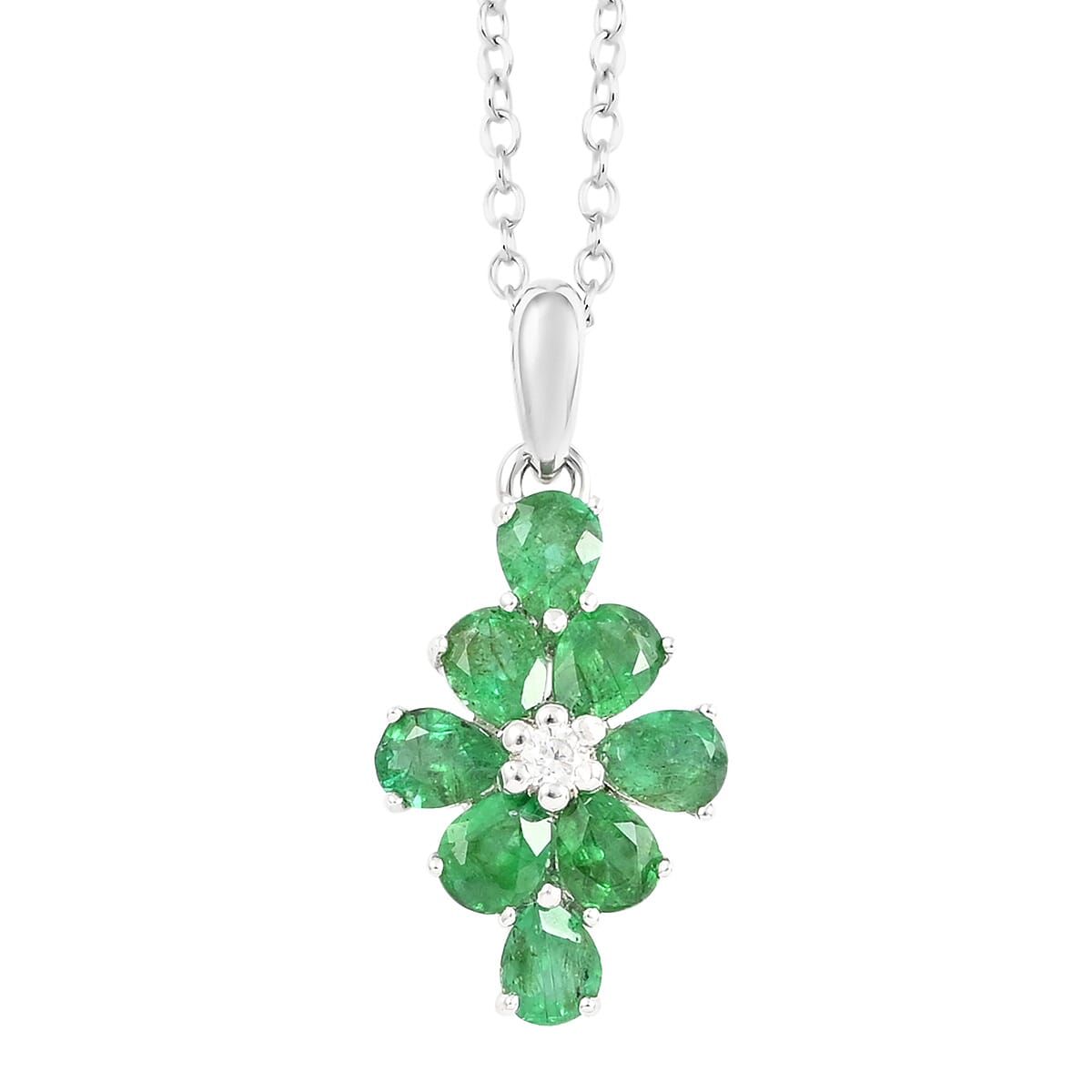 AAA Kagem Emerald and Natural White Zircon Floral Pendant Necklace 18-19.5 Inches in Rhodium Over Sterling Silver 1.15 ctw