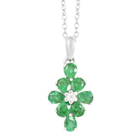 AAA Kagem Emerald and Natural White Zircon Floral Pendant Necklace 18-19.5 Inches in Rhodium Over Sterling Silver 1.15 ctw