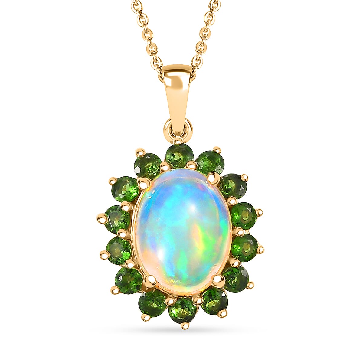 Premium Ethiopian Welo Opal, Chrome Diopside Sunburst Pendant Necklace (20 Inches) in 18K Vermeil YG Over Sterling Silver 1.70 ctw