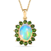 Premium Ethiopian Welo Opal, Chrome Diopside Sunburst Pendant Necklace (20 Inches) in 18K Vermeil YG Over Sterling Silver 1.70 ctw