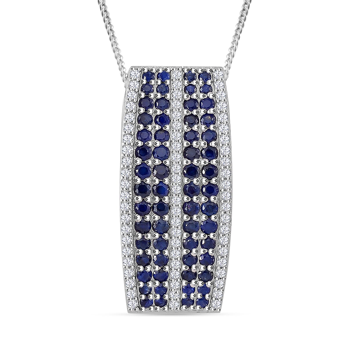 TLV Madagascar Blue Sapphire, White Zircon Pendant Necklace (18 Inches) in Rhodium Over Sterling Silver 2.60 ctw