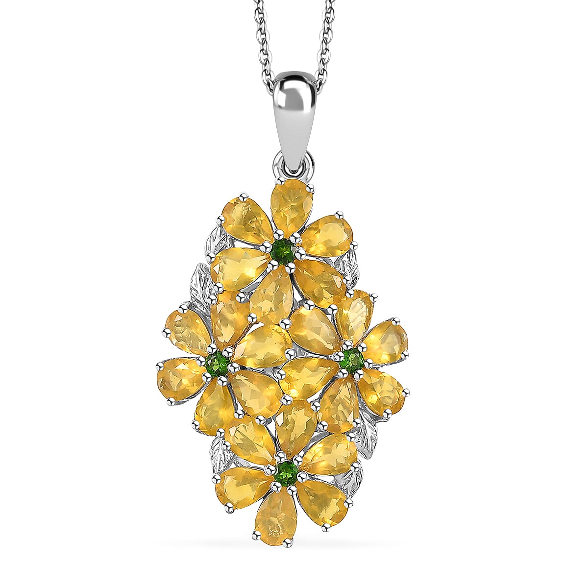 Premium Tanzanian Canary Opal and Chrome Diopside 7.20 ctw Pendant Necklace in Rhodium Over Sterling Silver 20 Inches