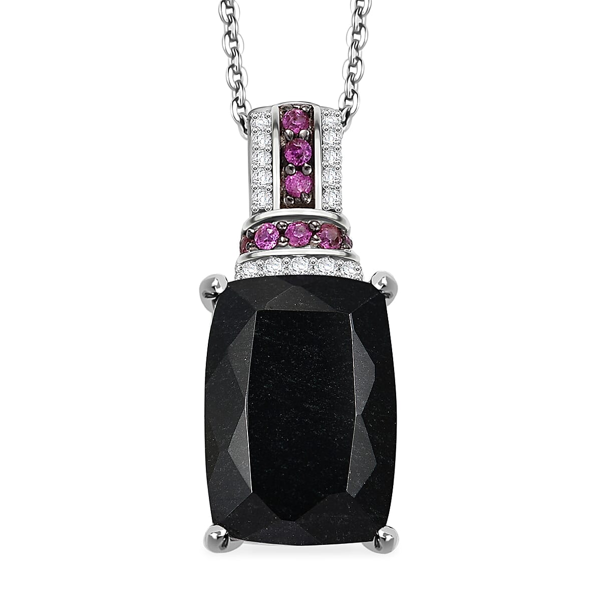 California Black Jade and Multi Gemstone 8.80 ctw Elegant Pendant Necklace in Rhodium Over Sterling Silver 20 Inches