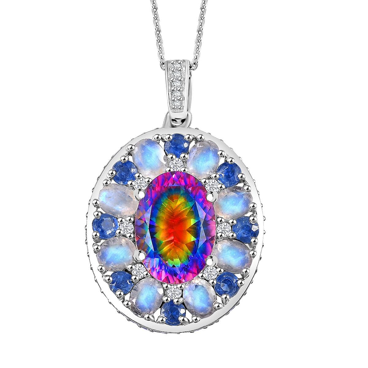 Nebula Quartz Doublet and Multi Gemstone 12.90 ctw Celestial Orbit Pendant Necklace in Rhodium Over Sterling Silver 20 Inches