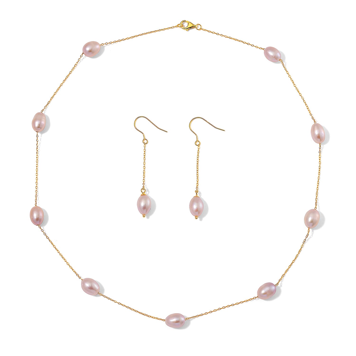 Multi Color Freshwater Pearl Station Necklace and Dangle Earrings in 14K Yellow Gold Over Sterling Silver 20 Inches