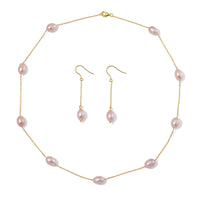 Multi Color Freshwater Pearl Station Necklace and Dangle Earrings in 14K Yellow Gold Over Sterling Silver 20 Inches