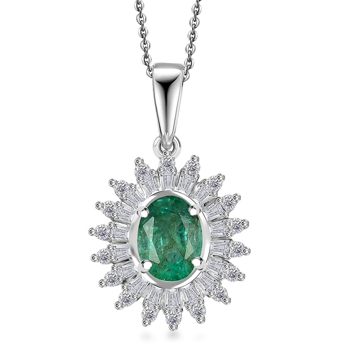 Premium Kagem Zambian Emerald and Moissanite 1.75 ctw Starburst Halo Pendant Necklace in Rhodium Over Sterling Silver 20 Inches