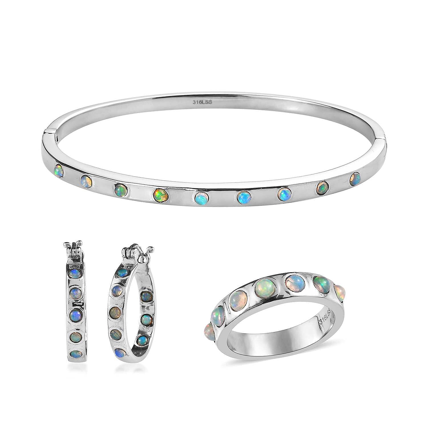 Ethiopian Welo Opal 1.90 ctw Band Ring (Size 5.0), Earrings and Bangle Bracelet (7.25 In) in Stainless Steel