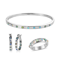 Ethiopian Welo Opal 1.90 ctw Band Ring (Size 5.0), Earrings and Bangle Bracelet (7.25 In) in Stainless Steel