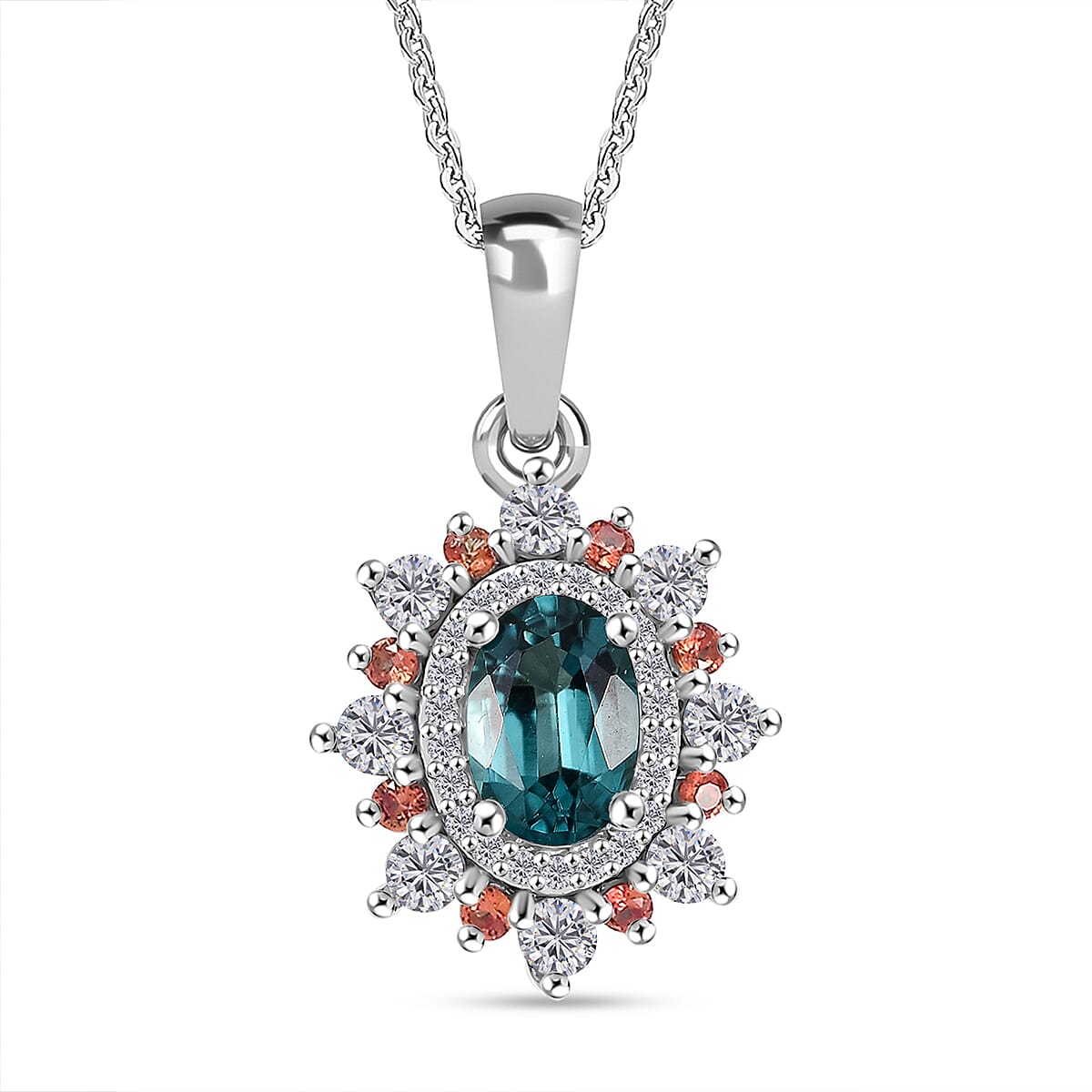 AAA Monte Belo Indicolite and Multi Gemstone 1.10 ctw Sunburst Pendant Necklace 20 Inches in Rhodium Over Sterling Silver