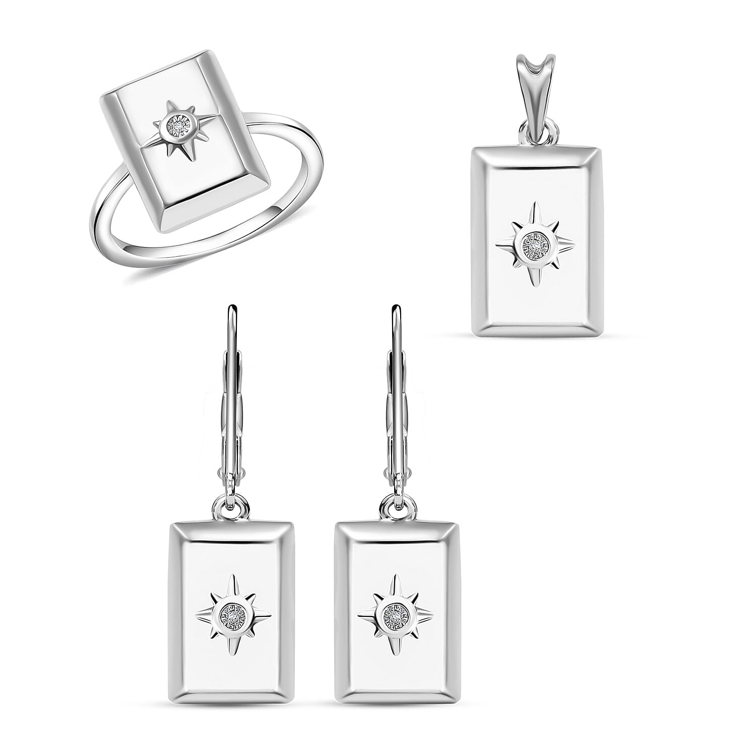 Set of 3, White Diamond Bar Ring , Earrings and Pendant in Sterling Silver 0.15 ctw