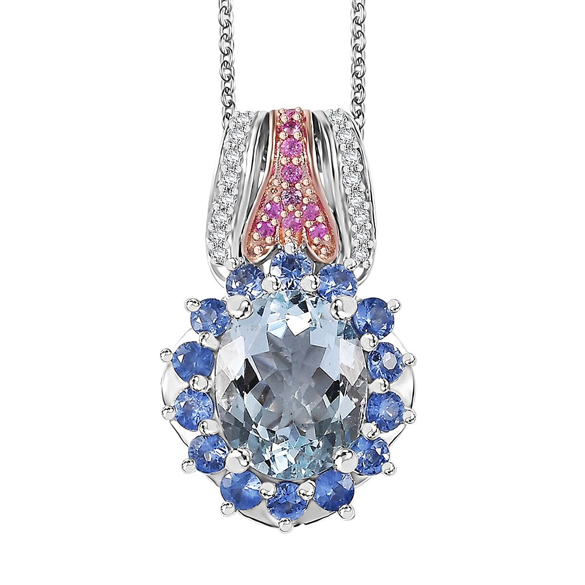 Premium Mangoro Aquamarine and Multi Gemstone 3.65 ctw Pendant Necklace 20 Inches in Vermeil RG and Rhodium Over Sterling Silver