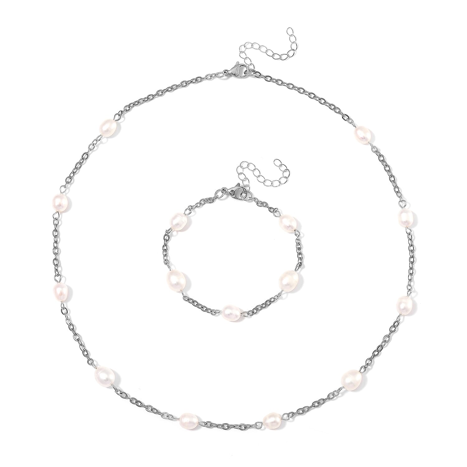 White Color Freshwater Pearl Station Necklace (18-20 Inches) and Bracelet (7.00-9.00In) in Stainless Steel