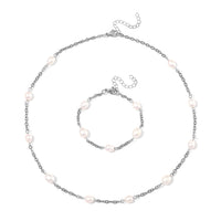 White Color Freshwater Pearl Station Necklace (18-20 Inches) and Bracelet (7.00-9.00In) in Stainless Steel
