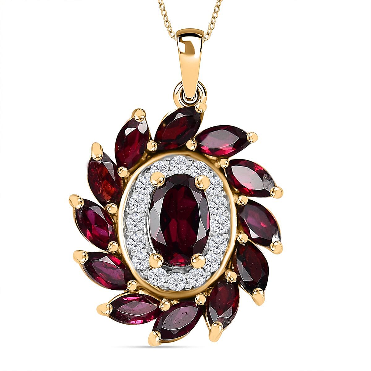 Premium Anthill Garnet and Moissanite 2.00 ctw Blossom Halo Pendant Necklace in 18K Vermeil Yellow Gold Over Sterling Silver 20 Inches