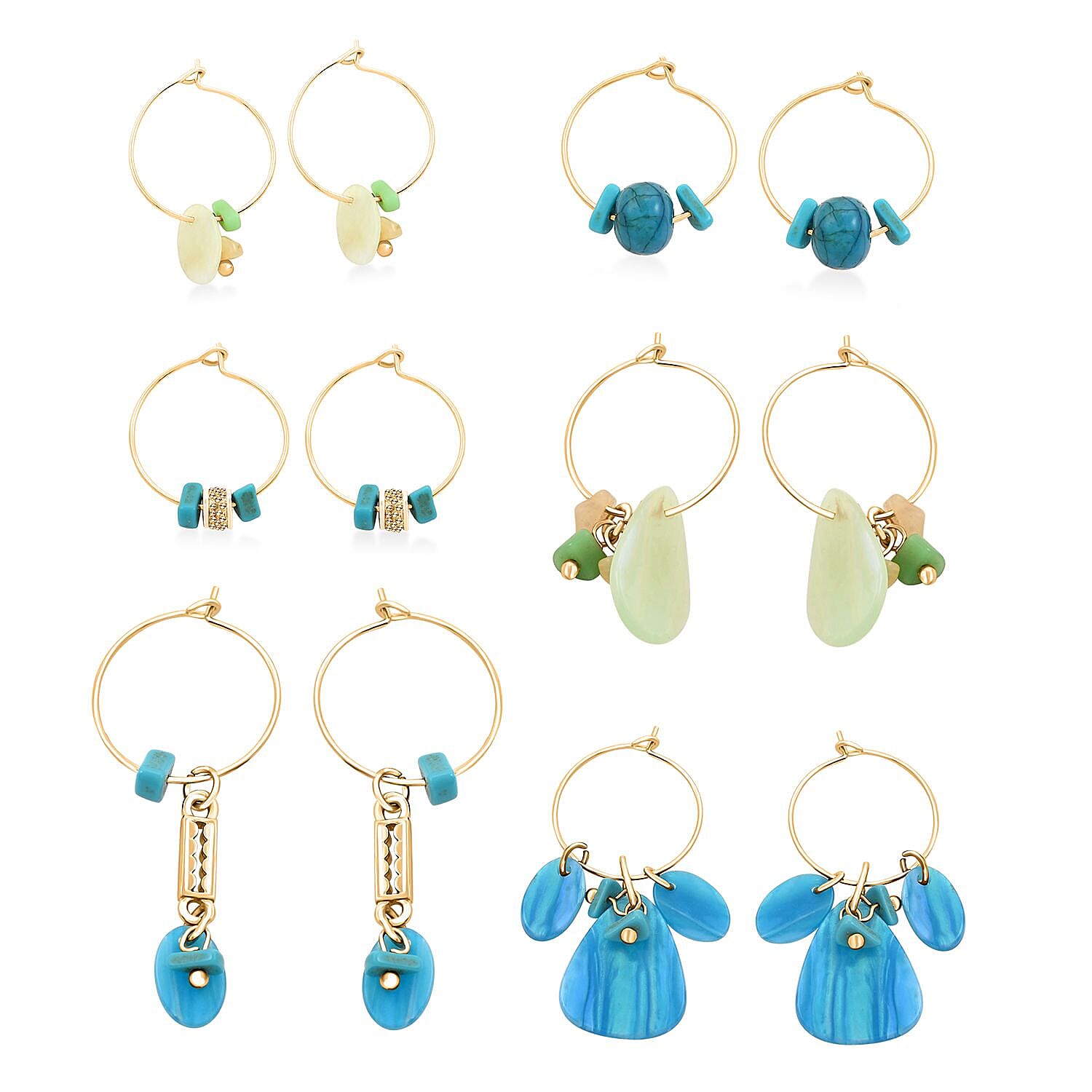 Set of 6 Shell Hinged Hoop Earrings in Goldtone